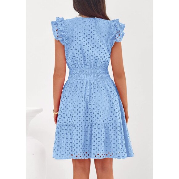 Women's Light Blue V Neck Eyelet Cap Sleeve Summer Beach Vacation Sundresseses - Picture 4 of 8